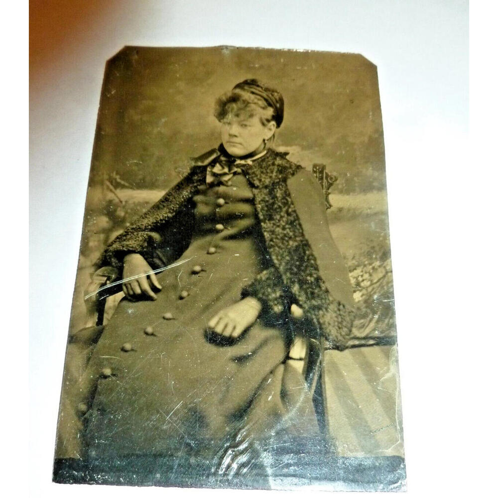 Antique Tin‎ Type Photo a Lady in Curly Lamb Cape Coat & Hat